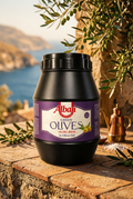A large black plastic jar of Alban Green Olives in Olive Oil, featuring a purple and white label with the Alban brand logo, set against a plain white background.
