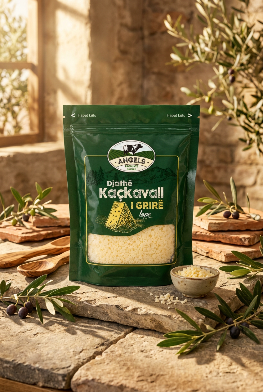 A package of Angels kashkaval cheese blend in a dark green resealable stand-up pouch with a clear window showing the yellow cheese inside.