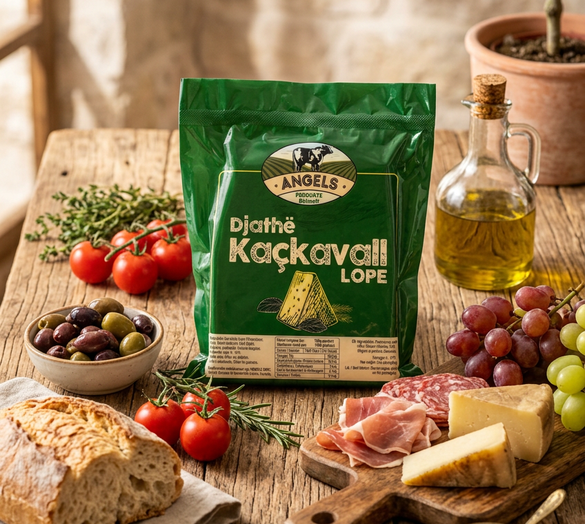 A green bag of Angels kashkaval cheese, featuring the brand logo and product name in white and yellow text on a white background.