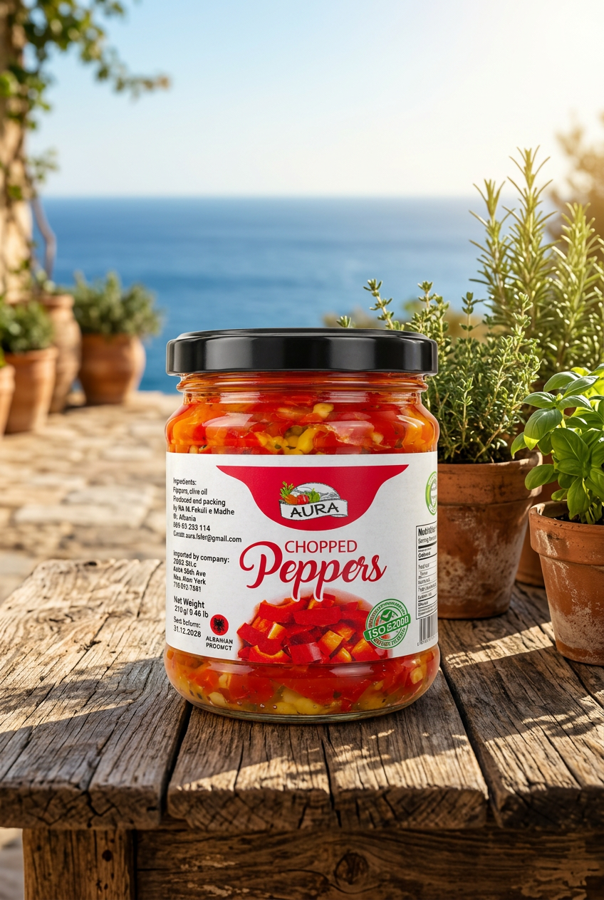 A jar of AURA Chopped Peppers on a white background, featuring a black lid and a white label with red and green branding.