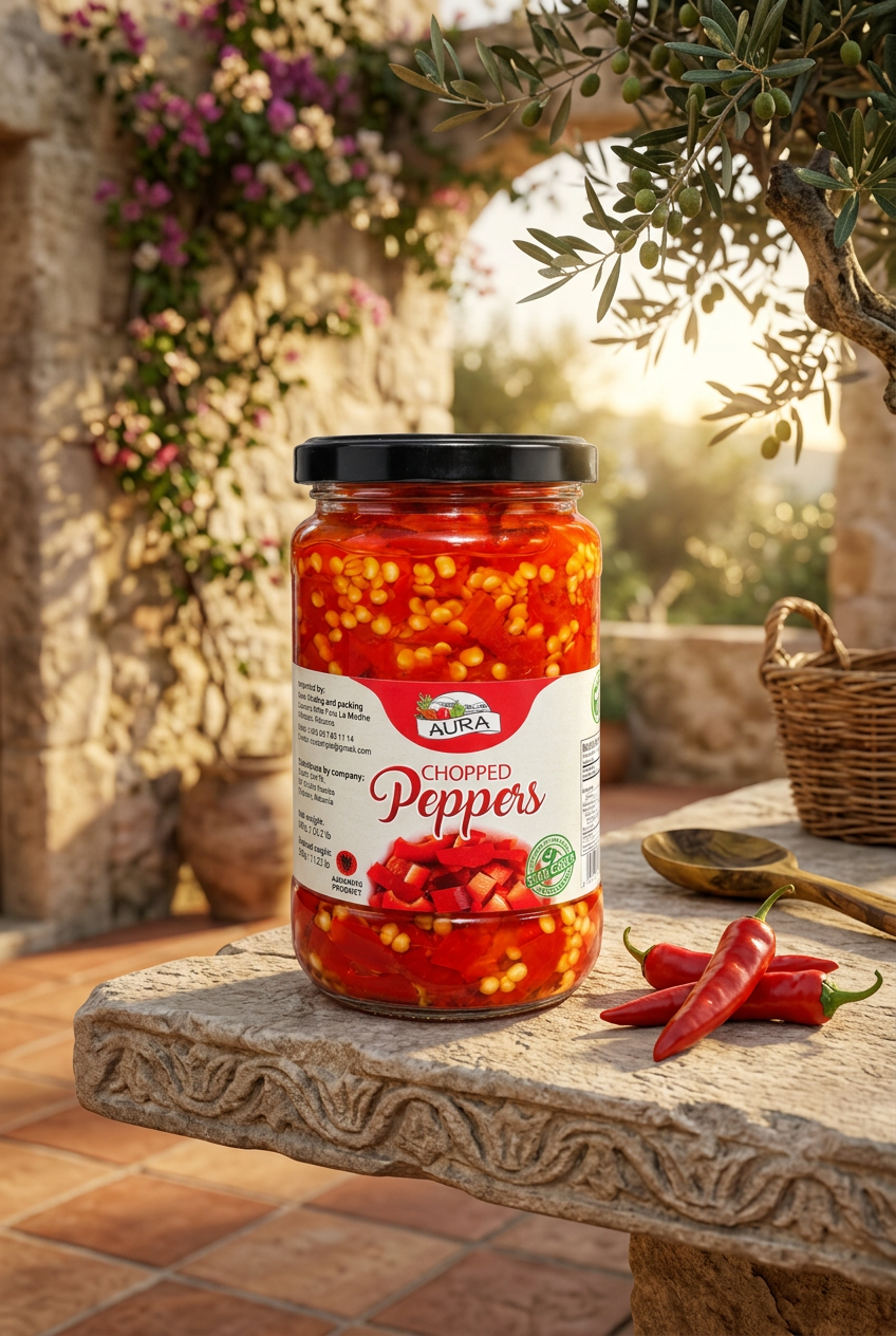 A jar of Aura Chopped Peppers on a white background, featuring a black lid and a label with red and white text and graphics.