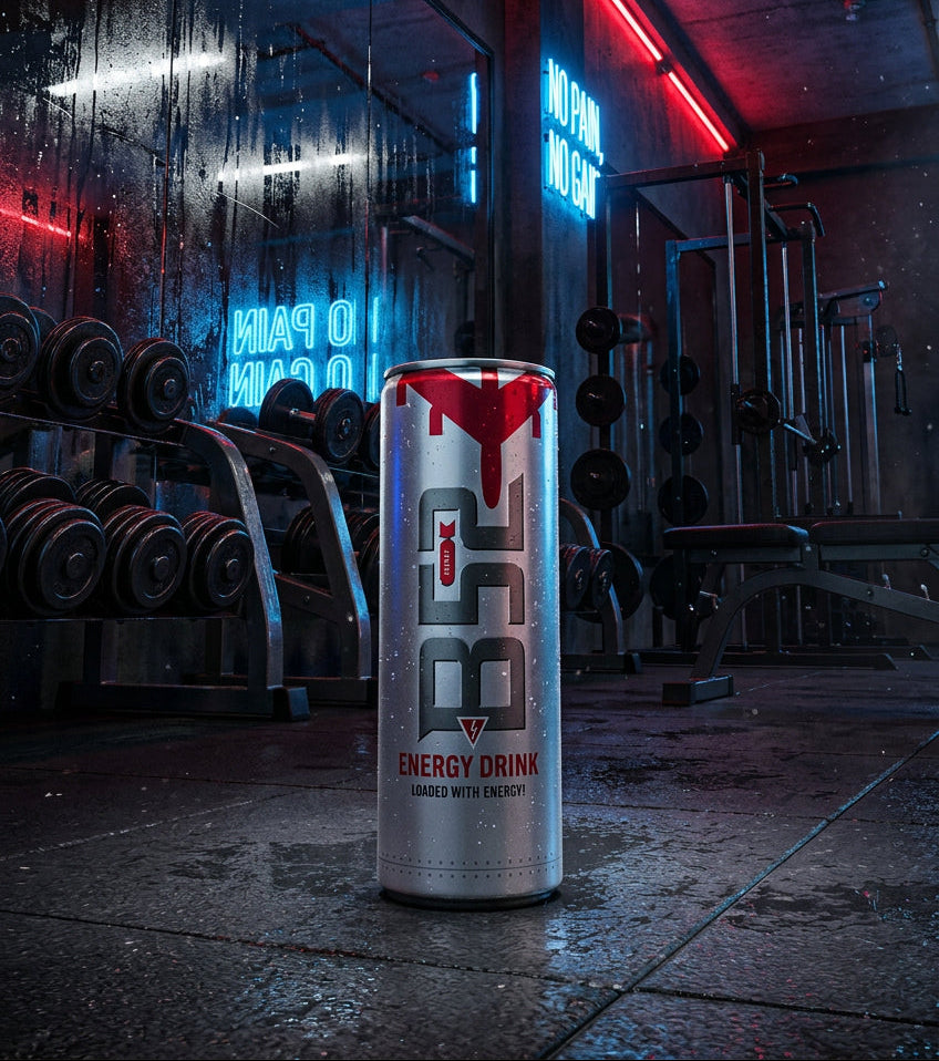 B 52. Energy drink on a gym floor with a neon sign that states "No Pain No Gain". 