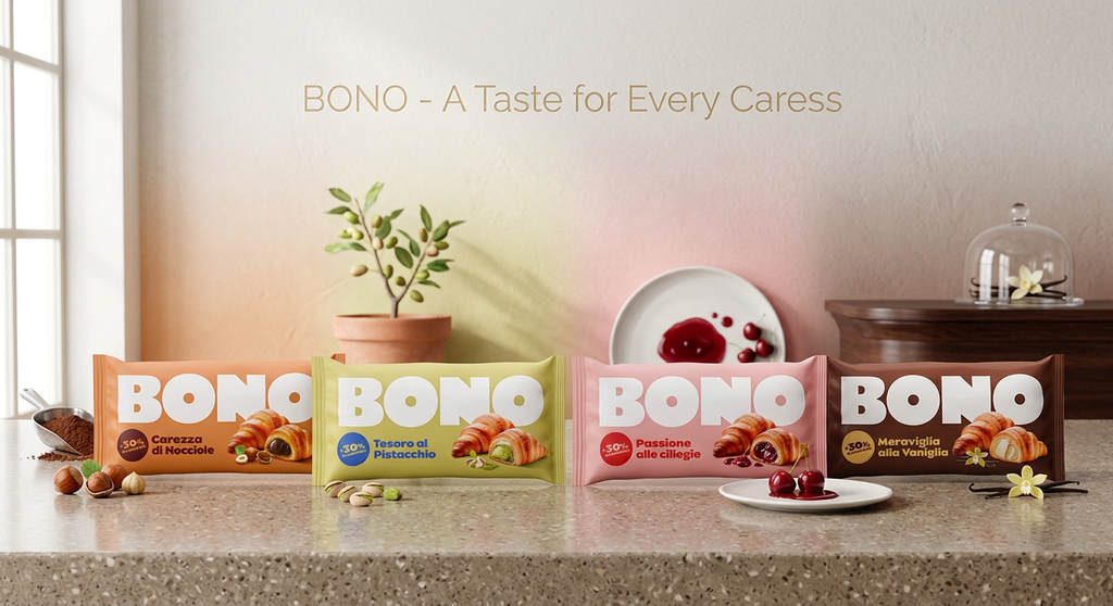 BONO product packages on a kitchen counter with a plant and dessert in the background.