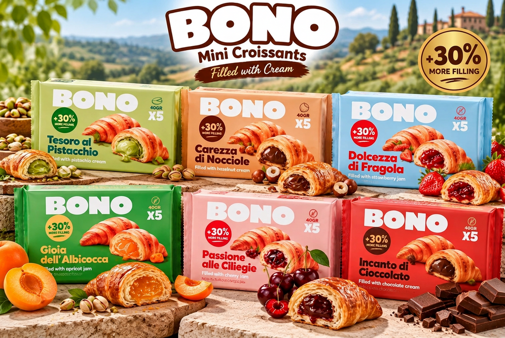 Six Bono Mini Croissants packaged in colorful boxes arranged on a rustic stone surface with fruit and chocolate props. The packages are green, tan, blue, green, pink, and red, labeled with flavors including Tesoro al Pistacchio, Carezza di Nocciole, Dolcezza di Fragioia, Gioia dell'Albicocca, Passione alle Ciliegie, and Incanto di Chocolate.