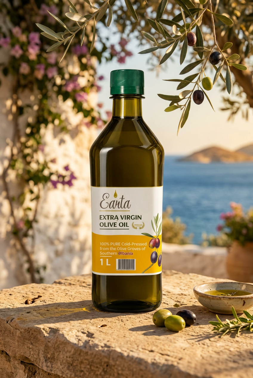 A 1-liter bottle of Earta Extra Virgin Olive Oil with a green cap and a white and yellow label, shown against a plain white background.