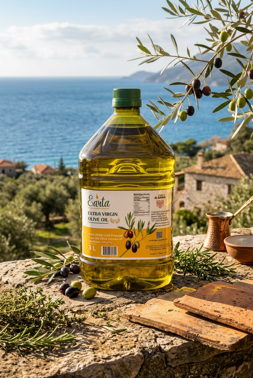 A 3-liter plastic bottle of Earta Extra Virgin Olive Oil with a green cap and a yellow and white label, shown against a white background with black letterboxing bars at the top and bottom.