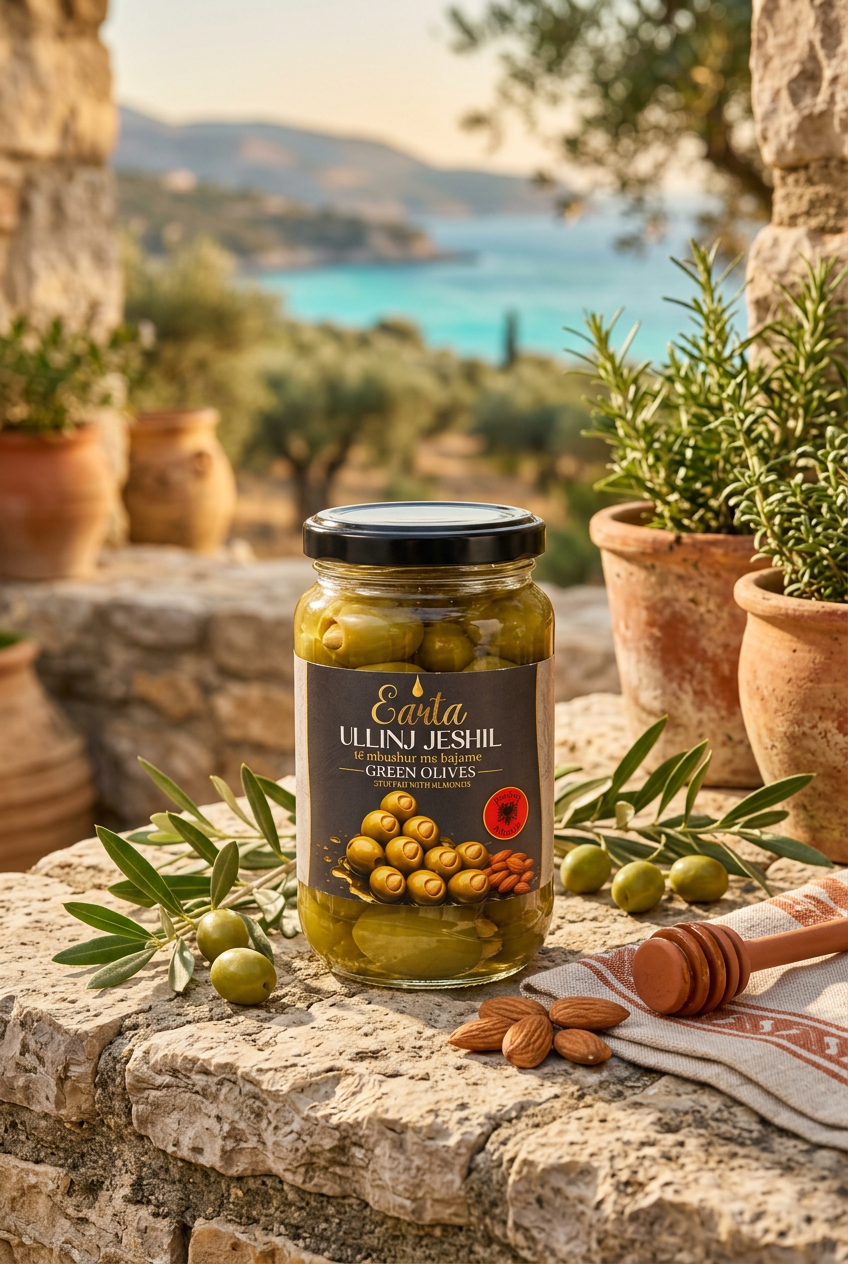 A glass jar of Eerta Ullinj Jeshil Green Olives with a black lid and a black label featuring gold and red text, set against a white background with black letterbox bars at the top and bottom.