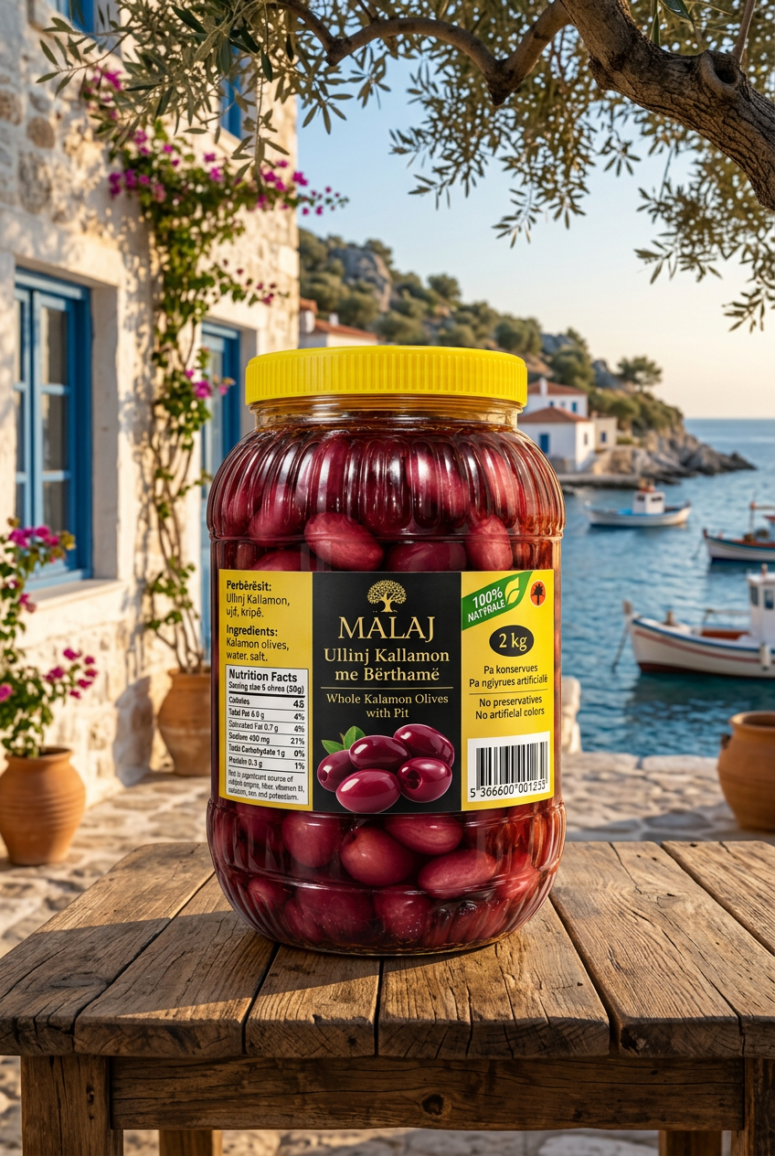 A 2 kg glass jar of Malaj Ullinj Kalamon me Berthame (whole Kalamon olives) with a yellow lid and a black and yellow label, shown on a white background within a mobile app screenshot.